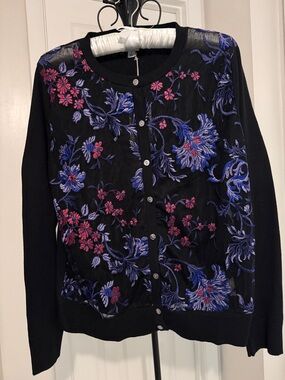 A New Day Black Cardigan with Purple and Pink Floral Embroidery Size L NWT